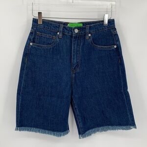 Sandrine Rose cut-off long denim jean shorts dark wash frayed hem blue new 28